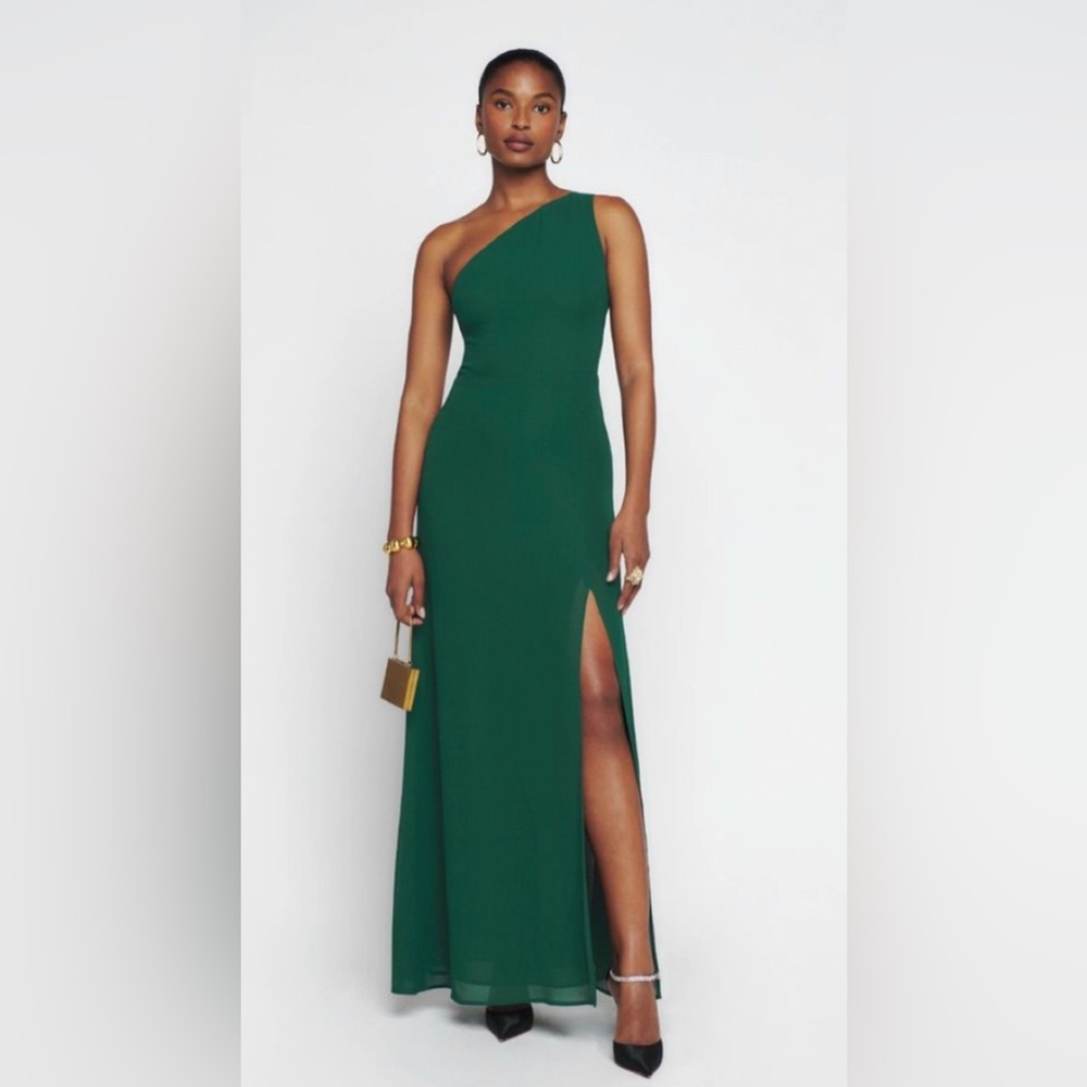 Reformation Evelyn Dress in Emerald Green Maxi One Shoulder Gown